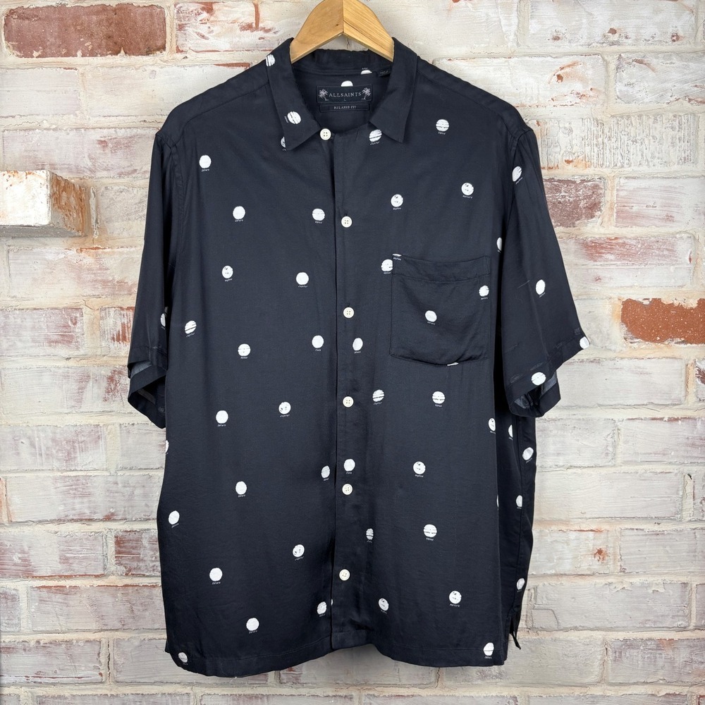 AllSaints Planet Dot SS Shirt L Black Solar System Print Relaxed Fit Novelty Top